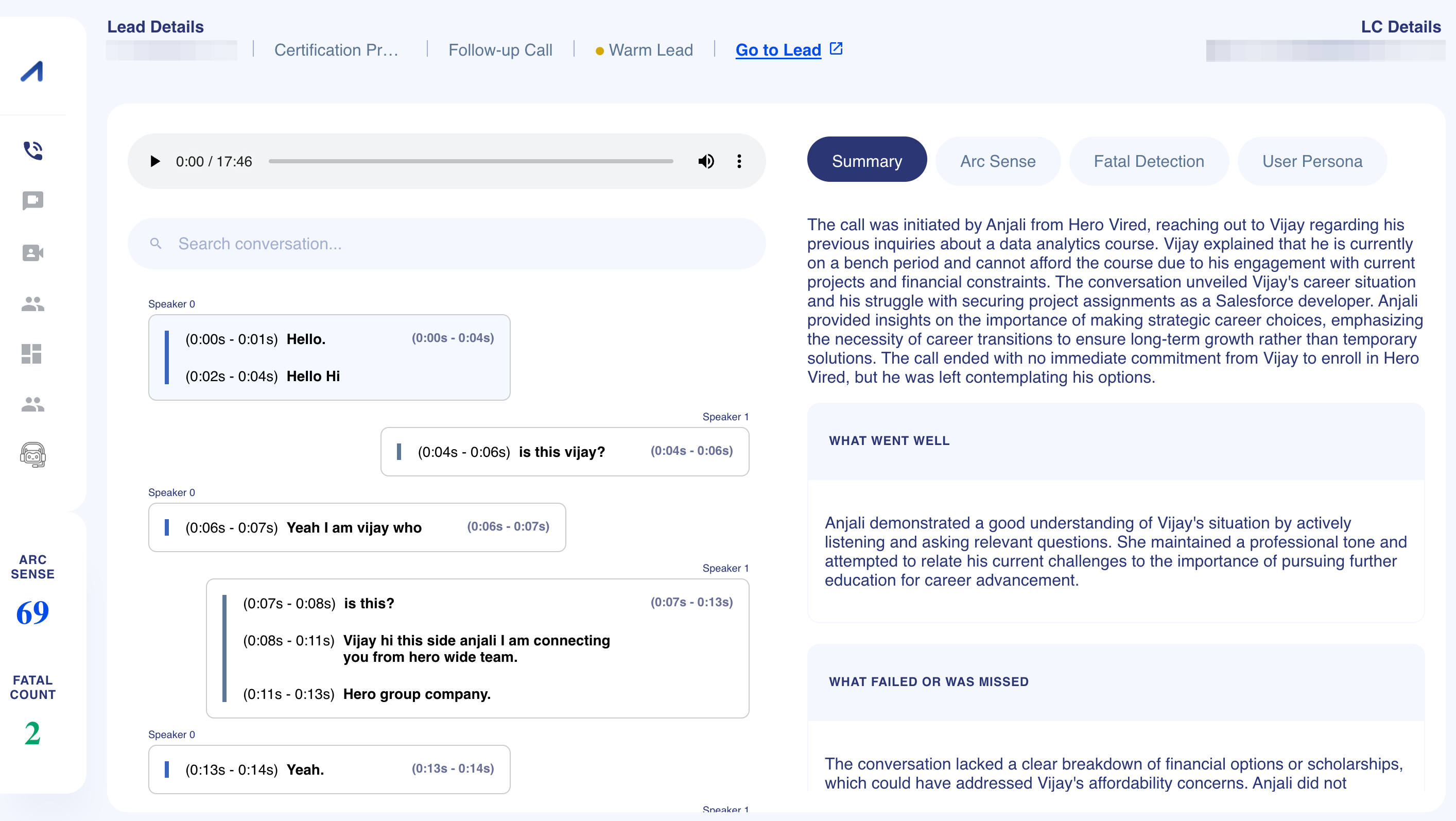 AuditX call transcript beside a written summary