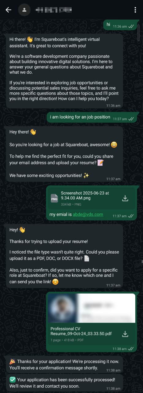 WhatsApp bot on a phone, taking a job application